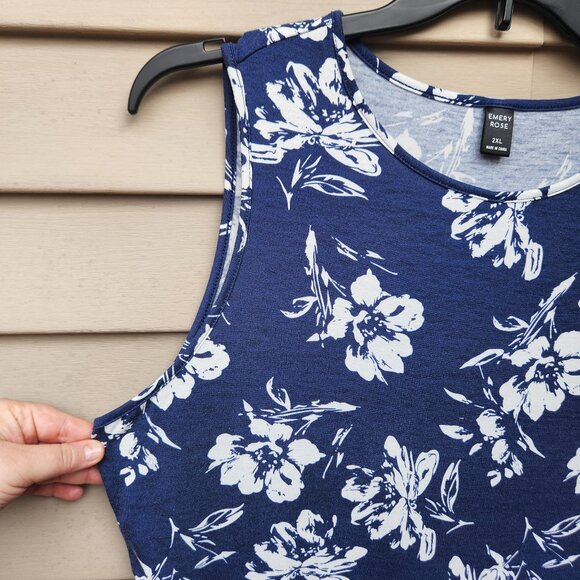 Emery Rose Plus Sleeveless Peplum Blouse Ruffle Trim Blue White Floral Print - Picture 6 of 10